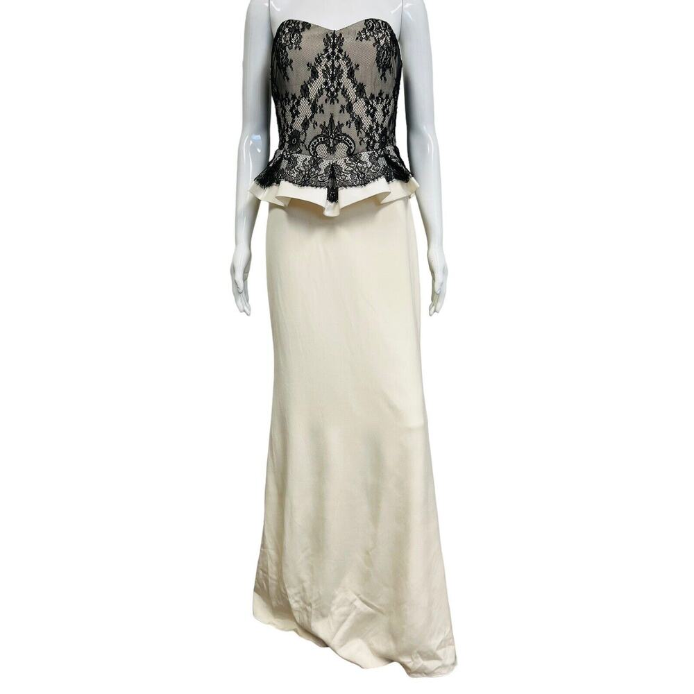 MARCHESA NOTTE Ivory Silk Black Lace Strapless Peplum Waist Maxi Evening Gown 8